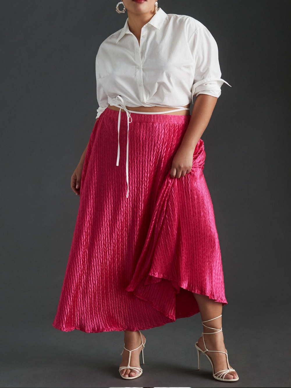 Maeve Fuchsia Pleated Satin Midi Skirt *twisted elastic band* - Size 1X